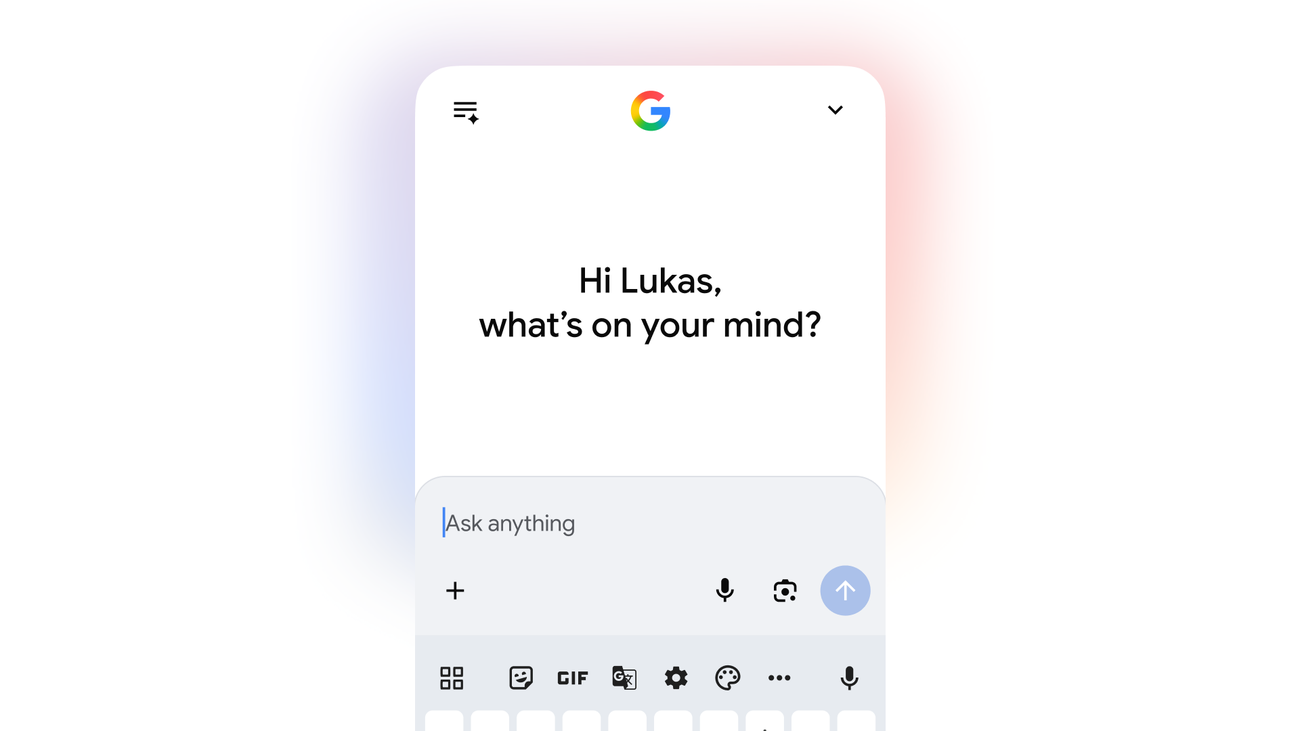 AI Mode personalized entry screen — 'Hi Lukas, what's on your mind?'