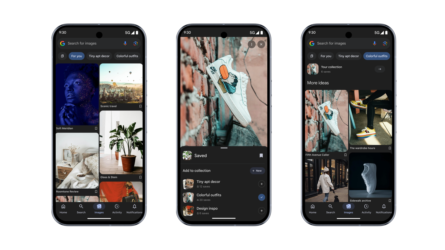 Google Images browsable feed across three phones — feed, save to collection, and 'More ideas'